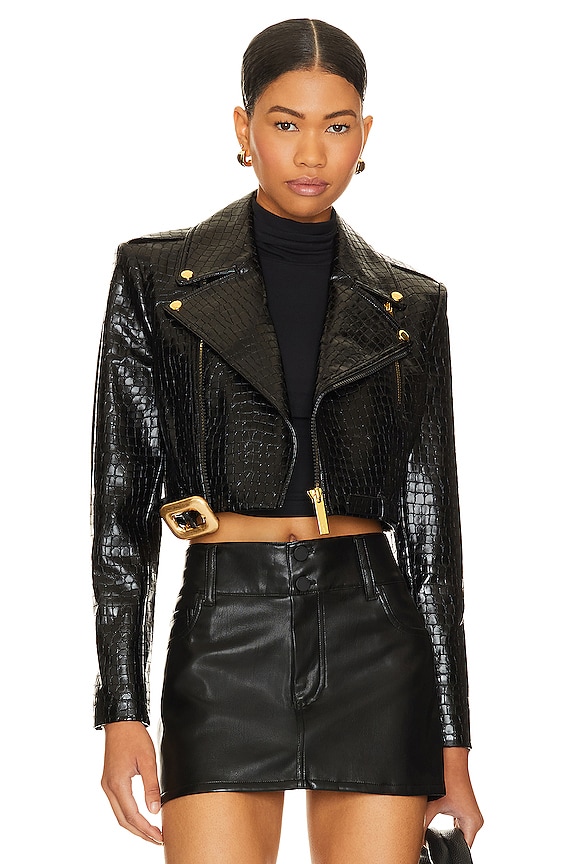 Alice + Olivia Krishna Faux Leather Cropped Moto Jacket in Black | REVOLVE