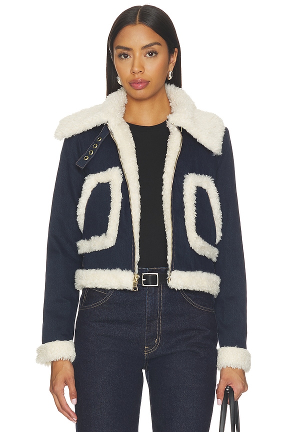 view 2 of 5 Isaiah Faux Shearling Cropped Aviator Denim Jacket in Dark Rinse & Chino