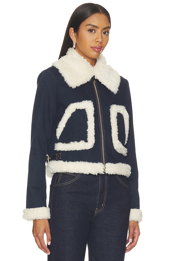 Isaiah Faux Shearling Cropped Aviator Denim Jacket