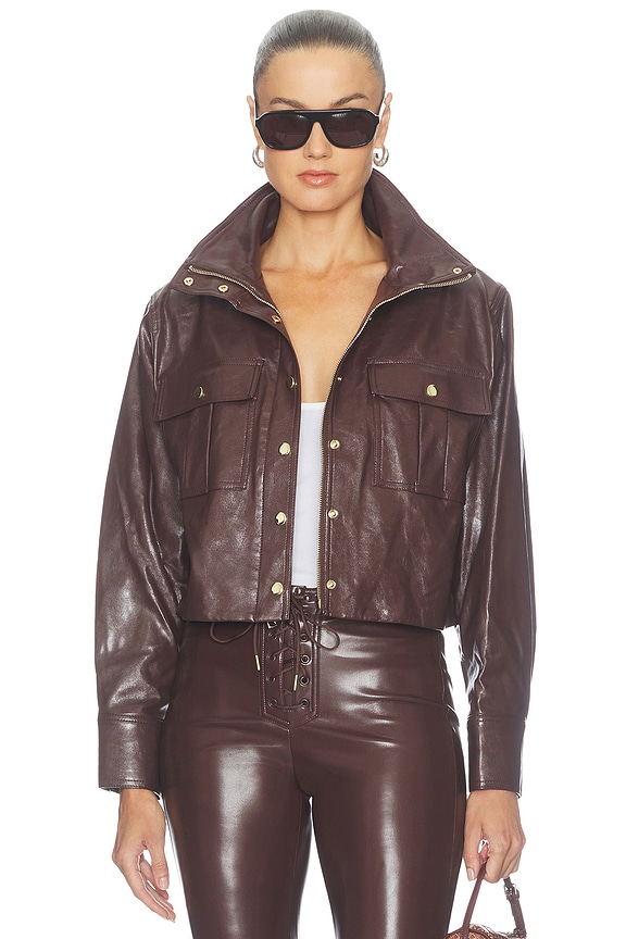 view 2 of 5 James Faux Leather Cropped Longsleeve Funnel Neck Parka in Dark Chocolate