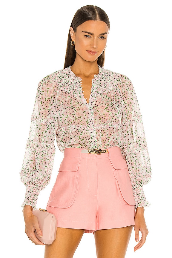 Alice + Olivia Margery Ruffle Button Blouse in Monterey Ditsy Soft ...