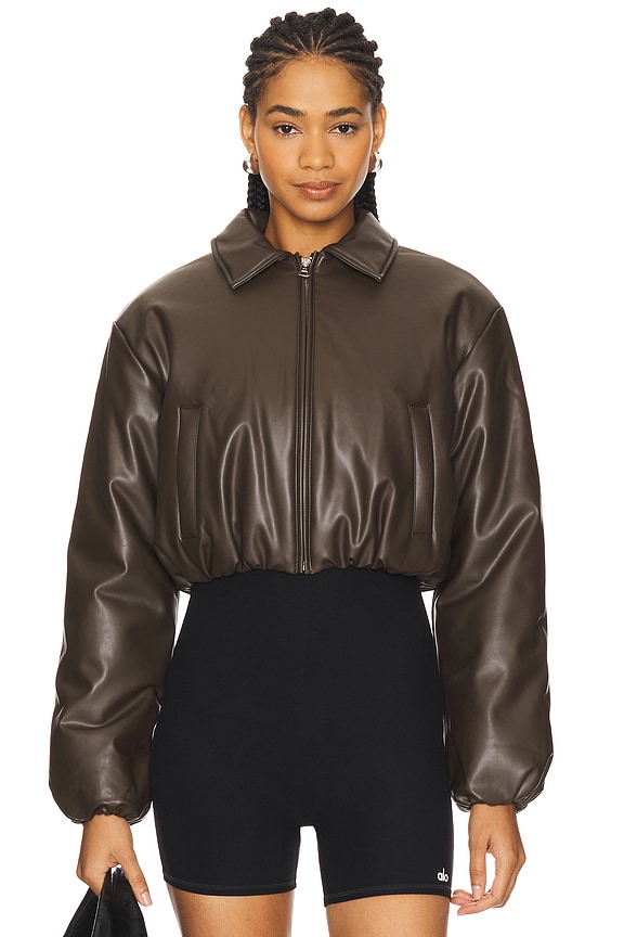 view 2 of 5 Faux Leather Cropped Premier Bomber Jacket in Espresso