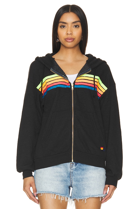 view 2 of 5 5 Stripe Zip Hoodie in Black & Neon Rainbow