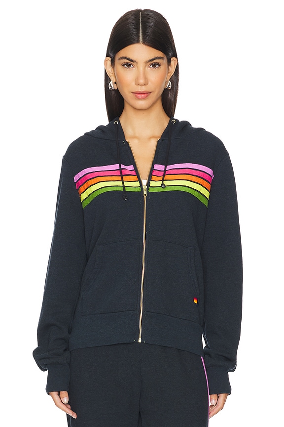view 2 of 6 5 Stripe Zip Up Hoodie in Charcoal & Pink Green