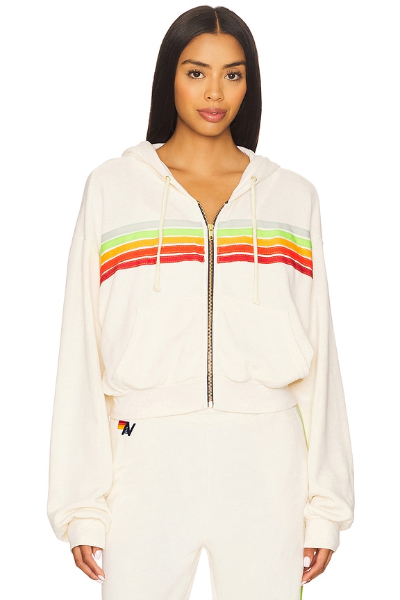 view 2 of 5 5 Stripe Cropped Zip Hoodie in Vintage White & White Neon