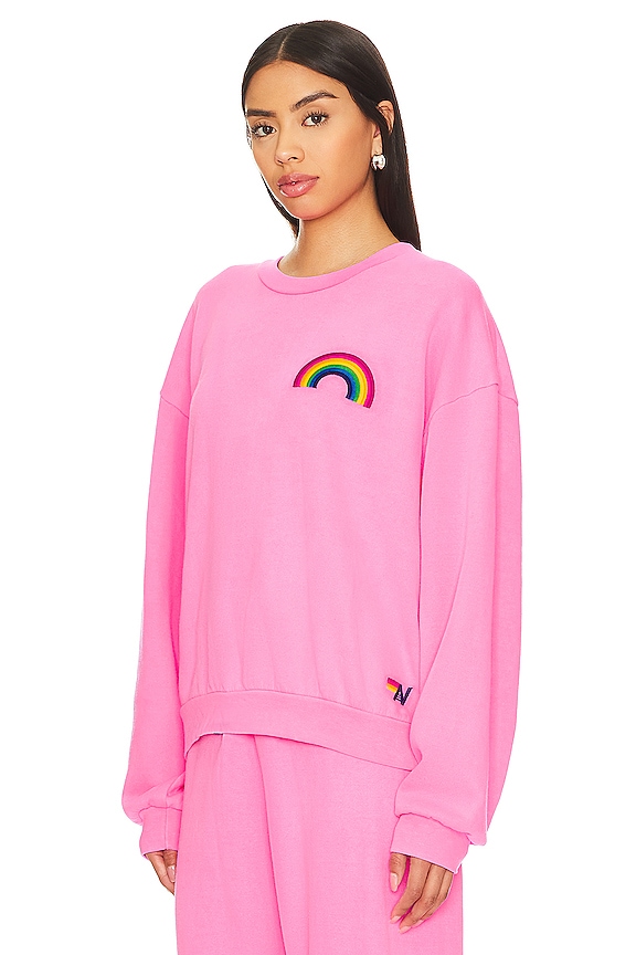 view 2 of 4 Rainbow Embroidery Crew Neck Sweatshirt in Neon Pink