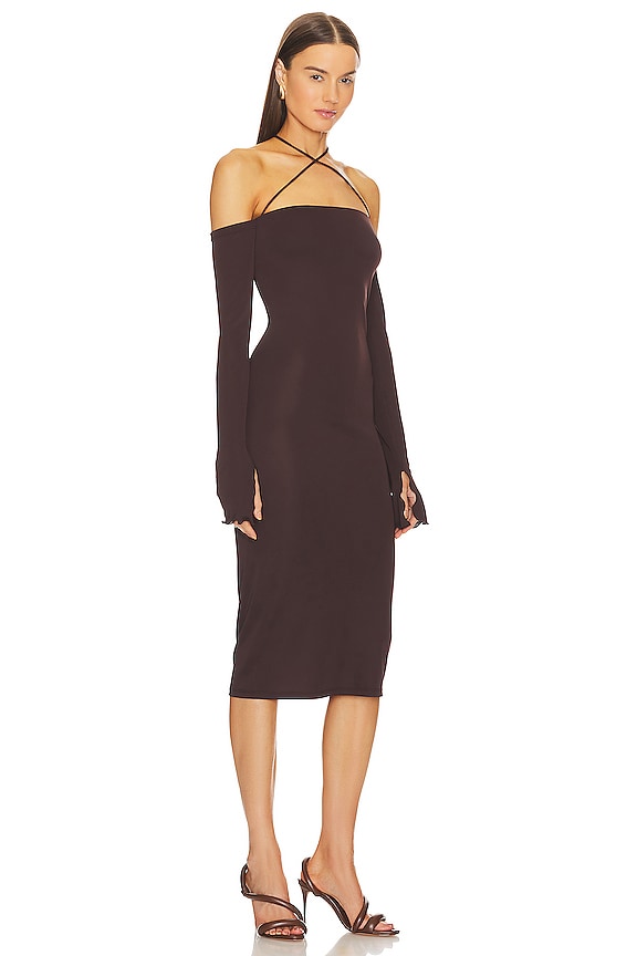 view 2 of 3 Maddy Off Shoulder Lace Up Midi Dress in Dark Brown