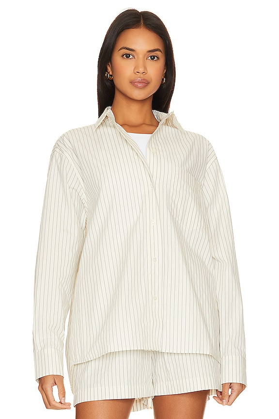 view 2 of 6 Braxton Shirt in Ivory & Blue Monogram Stripe