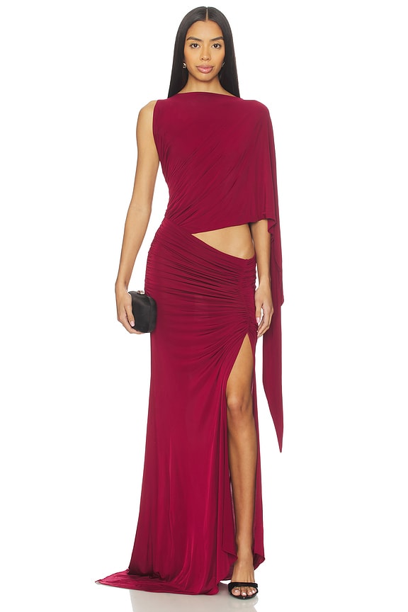 view 1 of 4 One Shoulder Drape Sleeve Gown in Syrah