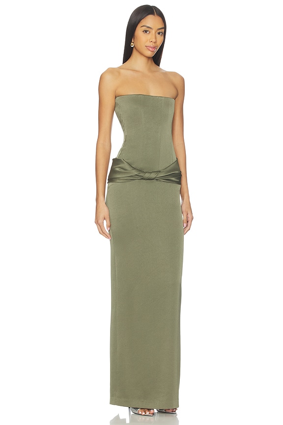 view 2 of 3 Strapless Longline Corset Twist Drape Column Dress in Deep Sage