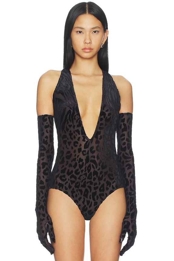 view 2 of 5 Animal Print Burnout Bodysuit With Gloves in Black