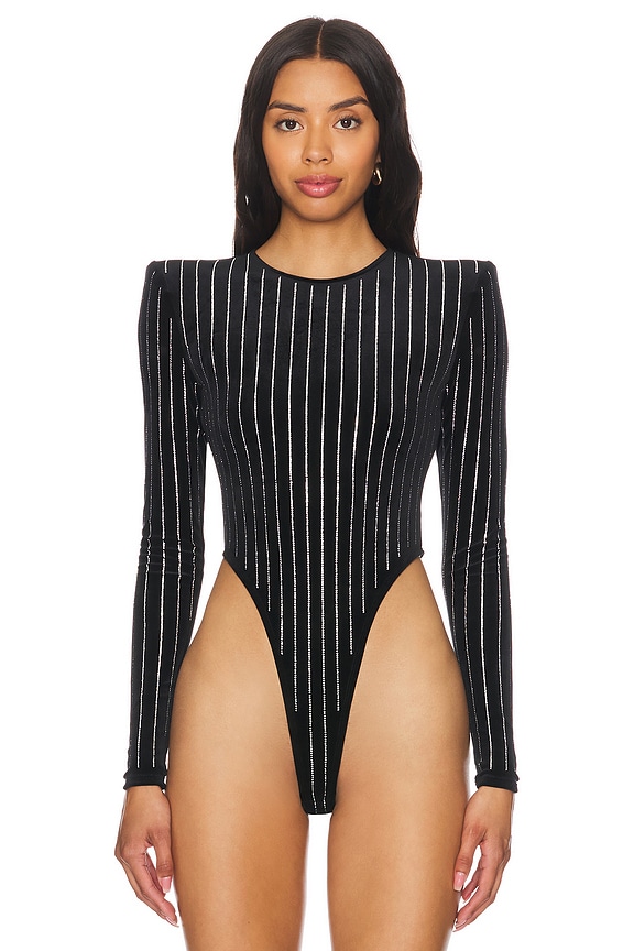 view 2 of 6 Crystal Velvet Long Sleeve Bodysuit in Black