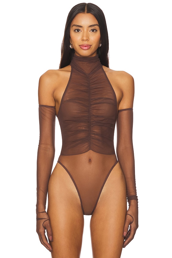 view 2 of 6 Ruched Mesh Bodysuit With Gloves in Raisin