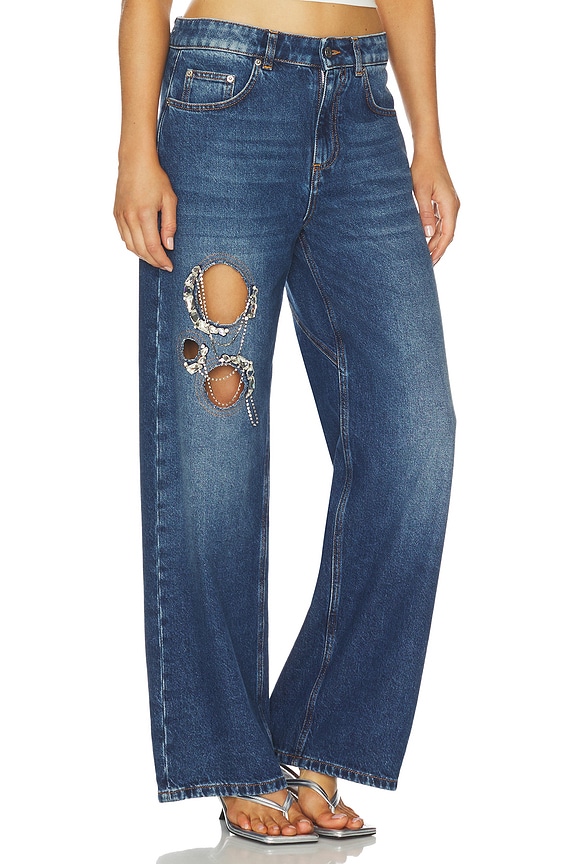 view 2 of 6 Crystal Chain Cutout Relaxed Leg in Medium Blue