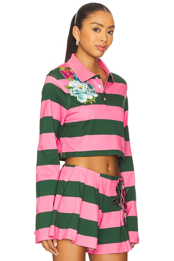 view 2 of 5 Embroidered Flower Cropped Polo Top in Pink & Green