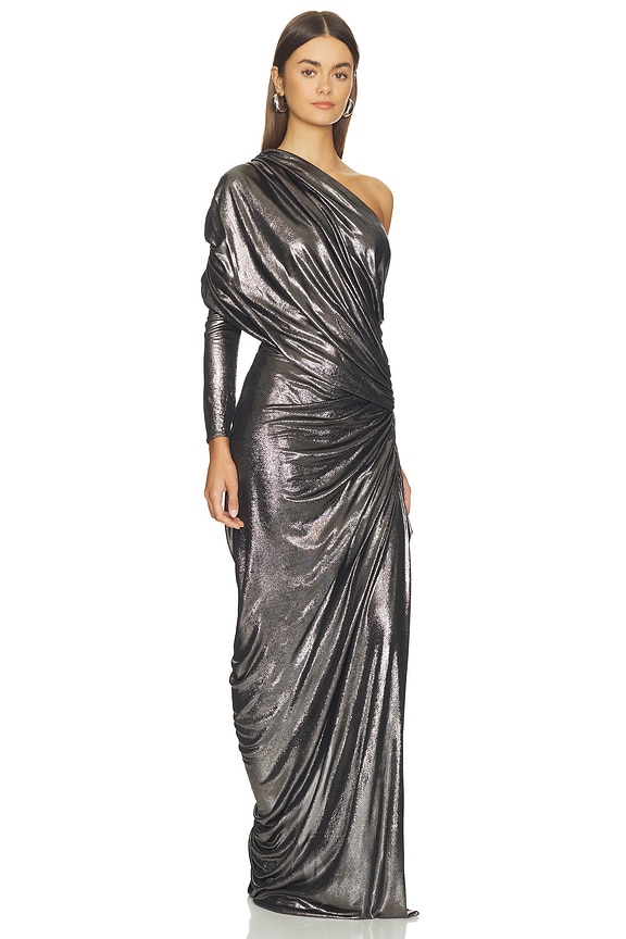 view 2 of 5 One Sleeve Draped Gown in Laminated Black Foil Silver
