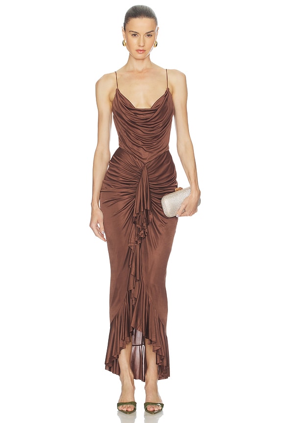 view 1 of 3 Ruffle Strappy Long Dress in Bronze