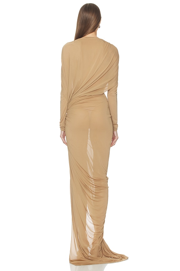 long sleeve high slit maxi dress Atlein Draped Sleeves in Argile Womens dresses