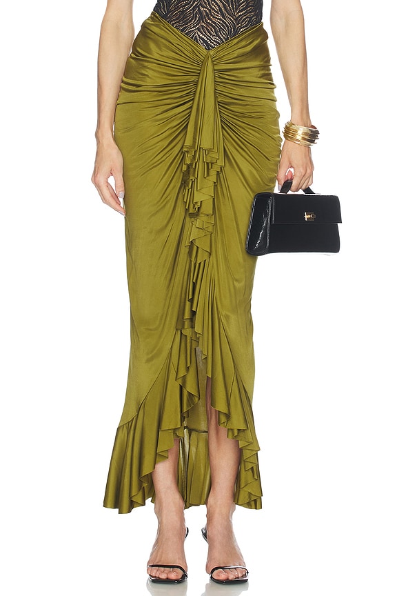 view 1 of 6 Ruffle Long Skirt in Vert Militaire