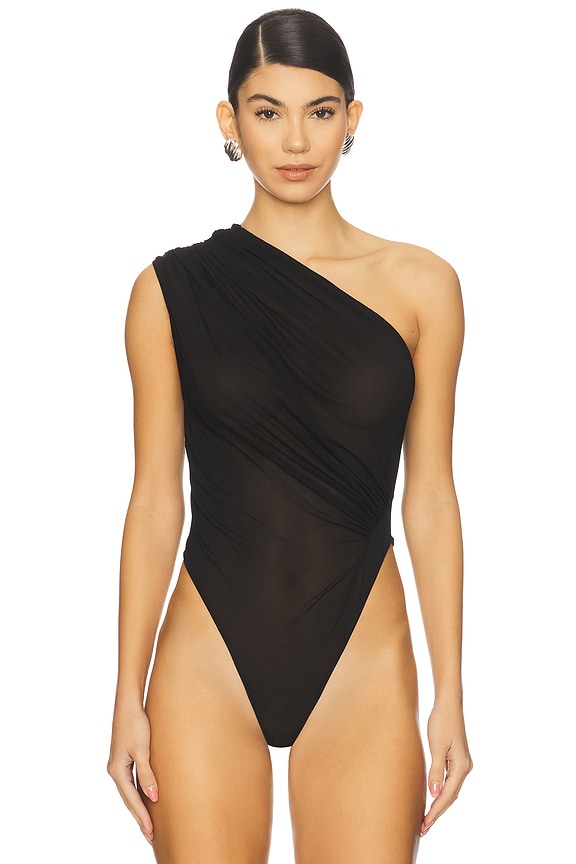 view 2 of 5 Asymmetric Draped Bodysuit in Black