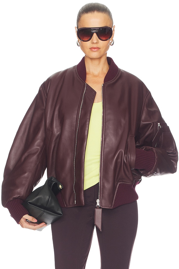 view 2 of 5 Leather Bomber Jacket in Wine