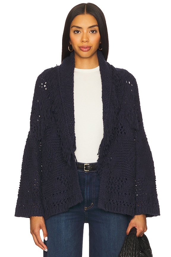 view 2 of 5 Southwest Fringed Shawl Collar Throw Jacket in Navy