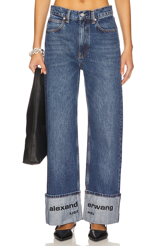 view 1 of 6 Mid Rise Straight Jean With Embroidered Cuff in Vintage Medium Indigo