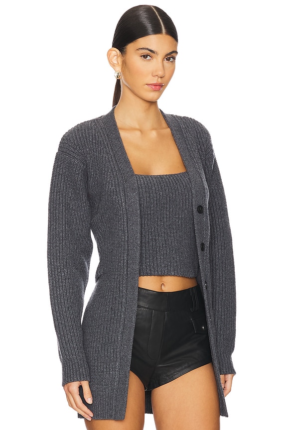 view 2 of 4 Ribbed Bilayer V-neck Cardigan With Cami Twinset in Charcoal