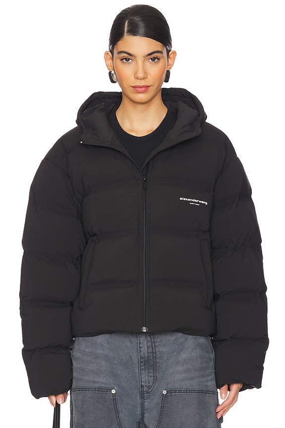 view 2 of 6 Jacquard Channel Cropped Hooded Puffer in Black