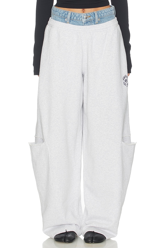 view 1 of 6 PANTALON SWEAT PRESTYLED SLASHED WITH DENIM WAISTBAND in Light Heather Grey & Vintage Light Indigo