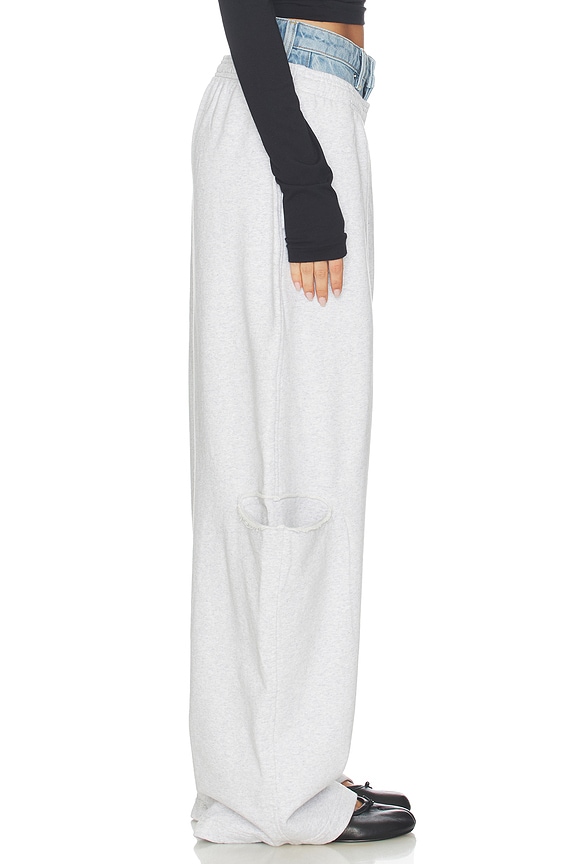 view 2 of 6 PANTALON SWEAT PRESTYLED SLASHED WITH DENIM WAISTBAND in Light Heather Grey & Vintage Light Indigo