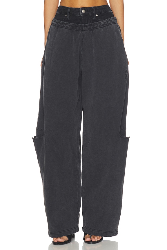 view 1 of 6 PANTALON SWEAT PRESTYLED SLASHED WITH DENIM WAISTBAND in Washed Black