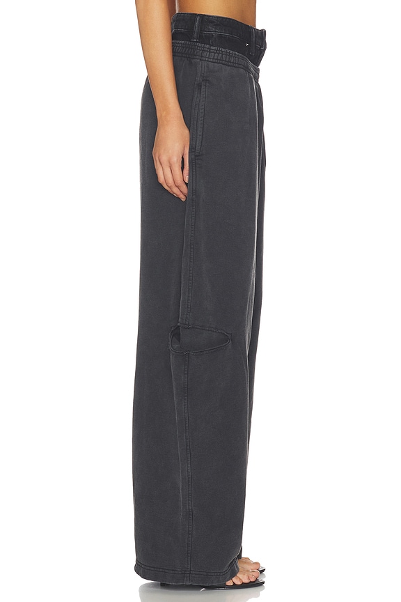 view 2 of 6 PANTALON SWEAT PRESTYLED SLASHED WITH DENIM WAISTBAND in Washed Black