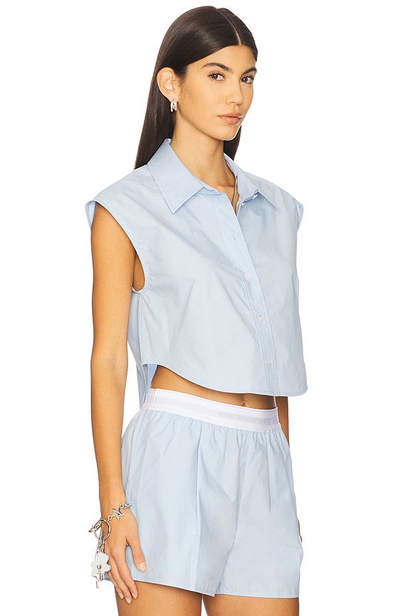 view 2 of 4 Cropped Button Down Sleeveless Shirt With Necklace in Oxford Blue