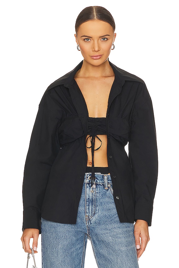 Alexander Wang Ruched Bandeau Overlay Open Front Shirt in Black | REVOLVE