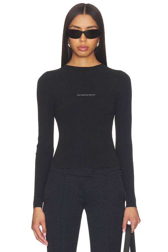 view 1 of 5 Long Sleeve Crewneck Top With Jacquard Logo in Black