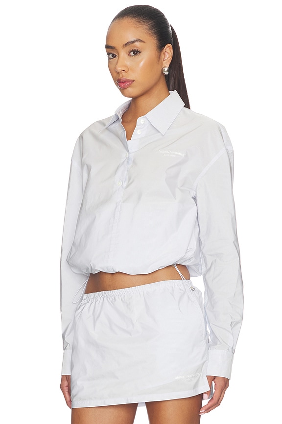 view 2 of 5 Cropped Shirt With Bungee Hem in White & Blue Stripe
