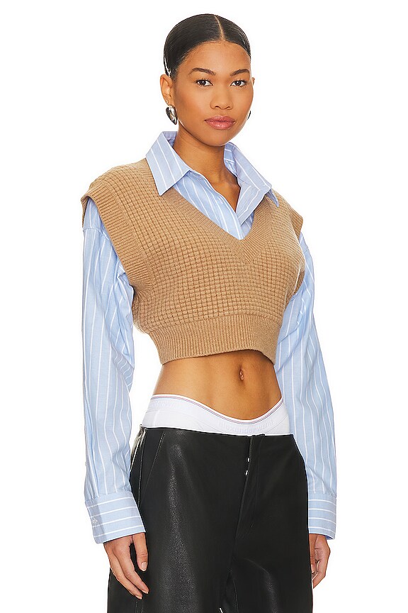 view 2 of 4 Bilayer V-neck Waffle Vest And Oxford Shirting in Camel