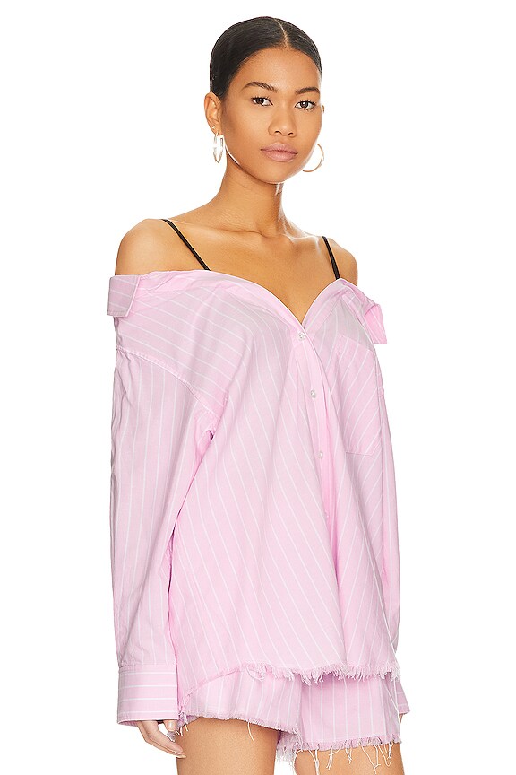 view 2 of 4 Off Shoulder Boyfriend Shirt W/ Charm Bra Strap in Light Pink & White