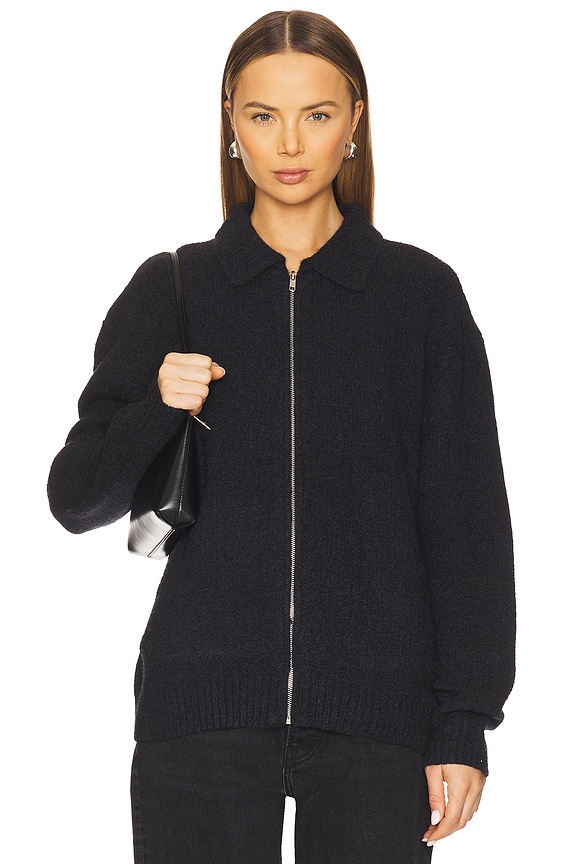 view 2 of 5 Knit Zip Up Jacket With Collar in Dark Charcoal