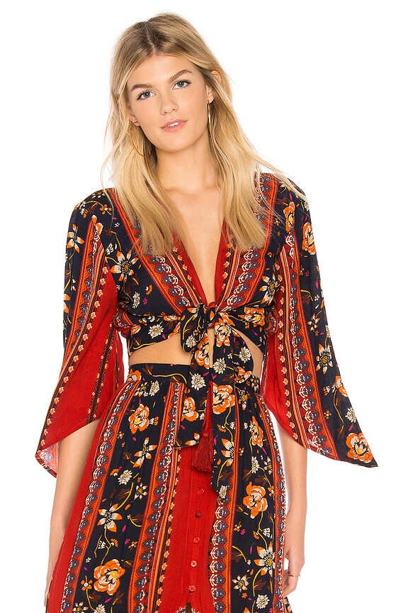 view 1 of 4 Bohemian Tie Front Blouse in Rust & Navy