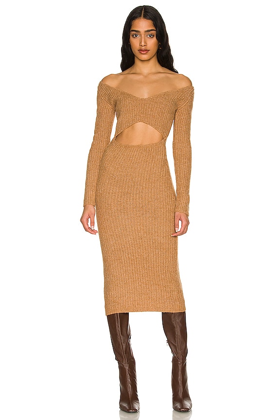 view 1 of 3 Rhia Off Shoulder Dress in Tan