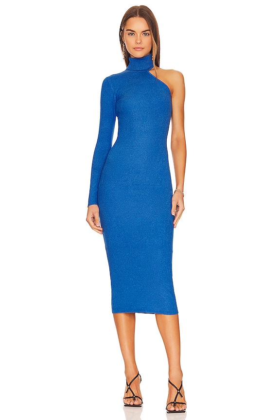 Bardot Asymmetric Sleeve Knit Dress in Bijou Blue REVOLVE