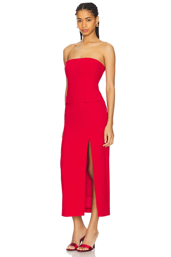 view 2 of 3 NIKKI STRAPLESS MIDI DRESS in Deep Red