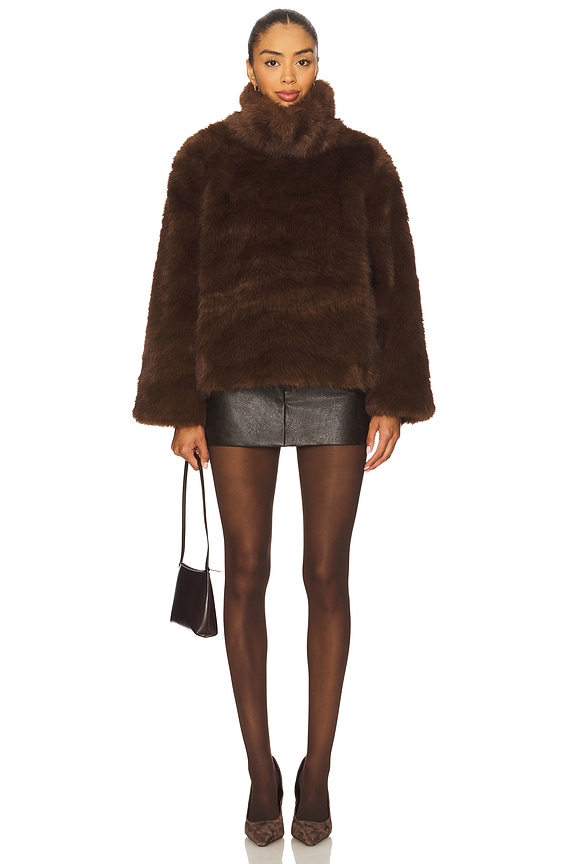 Woman in brown fur coat with black mini skirt tights and heels