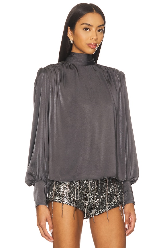 view 2 of 4 Revana Satin Tie Neck Blouse in Charcoal