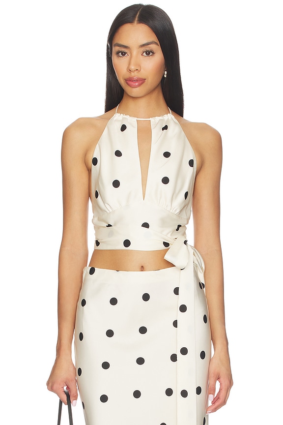 view 1 of 4 Pheobe Satin Halter Tie Top in Black Spot