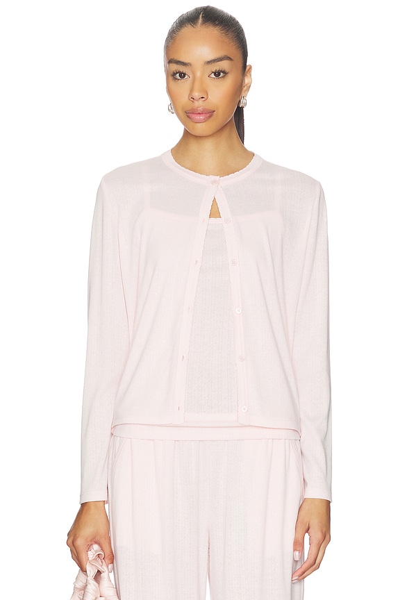 view 1 of 4 Pointelle Rib Cardigan With Scallop Trim in Pink Sand