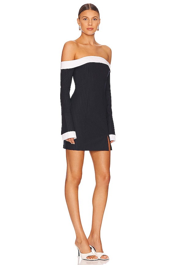 view 2 of 3 Cece Off Shoulder Mini Dress in Ink Pinstripe