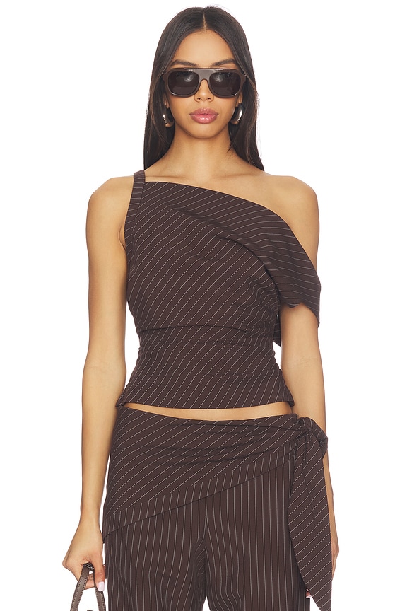 view 1 of 6 Andre Asym Top in Choc Pinstripe